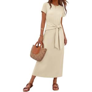 MEROKEETY Women’s 2026 Summer Casual T Shirt Dresses Short Sleeve Tie Waist Long Work Beach Vacation Trendy Midi Dress(Apricot)
