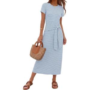 MEROKEETY Women’s 2026 Summer Casual T Shirt Dresses Short Sleeve Tie Waist Long Work Beach Vacation Trendy Midi Dress(Blue)
