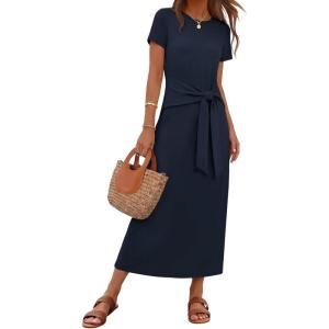 MEROKEETY Women’s 2026 Summer Casual T Shirt Dresses Short Sleeve Tie Waist Long Work Beach Vacation Trendy Midi Dress(Navy)