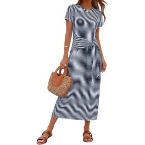 MEROKEETY Women’s 2026 Summer Casual T Shirt Dresses Short Sleeve Tie Waist Long Work Beach Vacation Trendy Midi Dress(Stripe Navy)