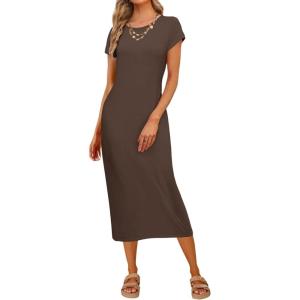 MEROKEETY Women’s 2026 Summer Casual Tshirt Dress Short Sleeve Crew Neck Beach Long Maxi Dresses(Coffee)