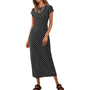 MEROKEETY Women’s 2026 Summer Casual Tshirt Dress Short Sleeve Crew Neck Beach Long Maxi Dresses(Dot Black)