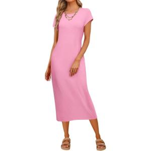 MEROKEETY Women’s 2026 Summer Casual Tshirt Dress Short Sleeve Crew Neck Beach Long Maxi Dresses(Light Pink)