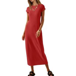 MEROKEETY Women’s 2026 Summer Casual Tshirt Dress Short Sleeve Crew Neck Beach Long Maxi Dresses(Red)