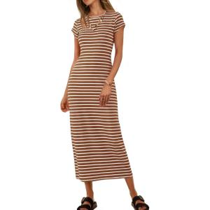 MEROKEETY Women’s 2026 Summer Casual Tshirt Dress Short Sleeve Crew Neck Beach Long Maxi Dresses(Striped Bbrown)