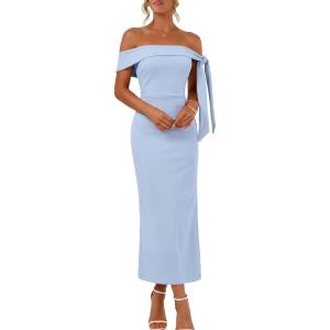 MEROKEETY Women’s 2026 Summer Off The Shoulder Dress Bodycon Wedding Guest Cocktail Formal Party Maxi Dresses(Blue)