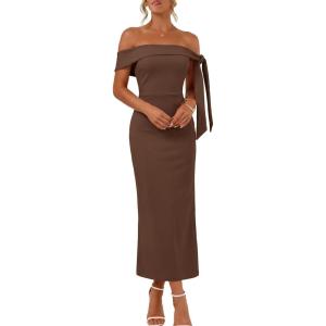 MEROKEETY Women’s 2026 Summer Off The Shoulder Dress Bodycon Wedding Guest Cocktail Formal Party Maxi Dresses(Brown)