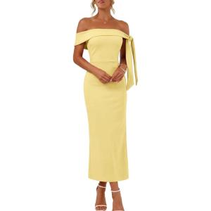MEROKEETY Women’s 2026 Summer Off The Shoulder Dress Bodycon Wedding Guest Cocktail Formal Party Maxi Dresses(Yellow)