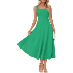 MEROKEETY Women’s 2026 Summer Sleeveless Midi Dress Square Neck Smocked Flowy A Line Beach Dresses(Green)
