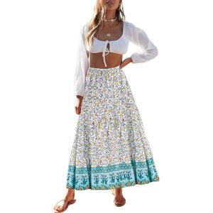 MEROKEETY Women’s Boho Floral Print Elastic High Waist Pleated A Line Maxi Skirt(Lakeblue)
