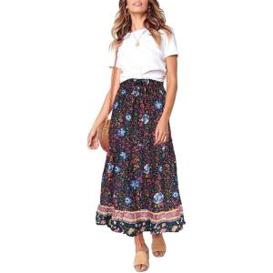 MEROKEETY Women’s Boho Floral Print Elastic High Waist Pleated A Line Maxi Skirt(Navy)
