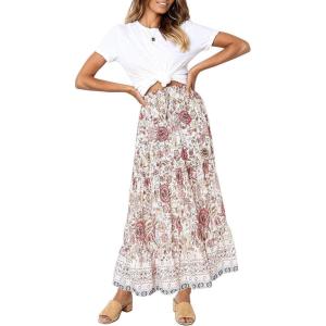 MEROKEETY Women’s Boho Floral Print Elastic High Waist Pleated A Line Maxi Skirt(White)
