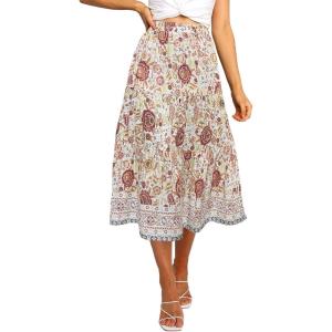 MEROKEETY Women’s Boho Leopard Print Skirt Pleated A-Line Swing Midi Skirts(03-white)