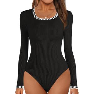 MEROKEETY Women’s Long Sleeve Ribbed Knit Bodysuits Scoop Neck Slimming Fit Fall Trendy Sweater Tops(Black)