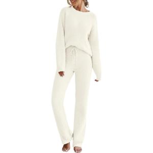 MEROKEETY Womens Pajama Sets 2026 Fall Lounge Sweater Set Cute Fuzzy Fleece 2 Piece Long Sleeve Cozy Winter Pj Outfits(Beige)