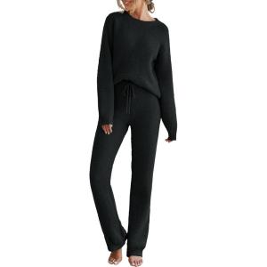 MEROKEETY Womens Pajama Sets 2026 Fall Lounge Sweater Set Cute Fuzzy Fleece 2 Piece Long Sleeve Cozy Winter Pj Outfits(Black)