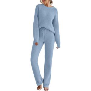 MEROKEETY Womens Pajama Sets 2026 Fall Lounge Sweater Set Cute Fuzzy Fleece 2 Piece Long Sleeve Cozy Winter Pj Outfits(Blue)