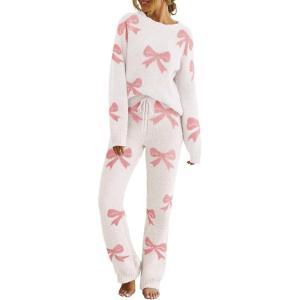MEROKEETY Womens Pajama Sets 2026 Fall Lounge Sweater Set Cute Fuzzy Fleece 2 Piece Long Sleeve Cozy Winter Pj Outfits(Bowbeige)
