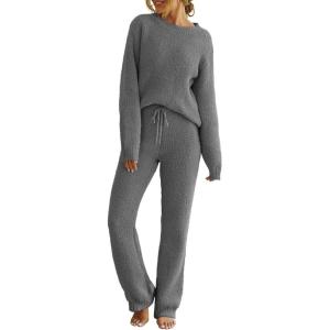 MEROKEETY Womens Pajama Sets 2026 Fall Lounge Sweater Set Cute Fuzzy Fleece 2 Piece Long Sleeve Cozy Winter Pj Outfits(Darkgrey)