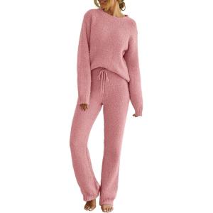 MEROKEETY Womens Pajama Sets 2026 Fall Lounge Sweater Set Cute Fuzzy Fleece 2 Piece Long Sleeve Cozy Winter Pj Outfits(Darkpink)