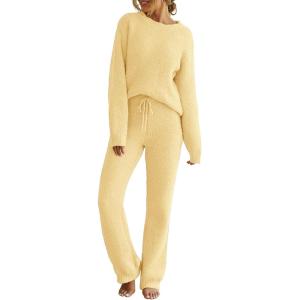 MEROKEETY Womens Pajama Sets 2026 Fall Lounge Sweater Set Cute Fuzzy Fleece 2 Piece Long Sleeve Cozy Winter Pj Outfits(Lightyellow)