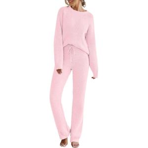 MEROKEETY Womens Pajama Sets 2026 Fall Lounge Sweater Set Cute Fuzzy Fleece 2 Piece Long Sleeve Cozy Winter Pj Outfits(Pink)