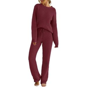 MEROKEETY Womens Pajama Sets 2026 Fall Lounge Sweater Set Cute Fuzzy Fleece 2 Piece Long Sleeve Cozy Winter Pj Outfits(Wine)