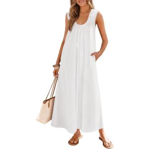 MEROKEETY Women’s Summer Boho Maxi Dress 2026 Ruched Beach Vacation Sundresses Sleeveless Loose Tank Dress(White)