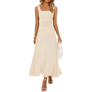 MEROKEETY Women’s Summer Casual Midi Dress 2026 Square Neck Sleeveless Pleated A Line Business Work Vacation Cocktail Dresses(Apricot)