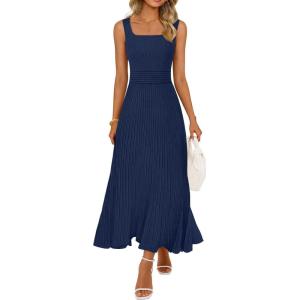 MEROKEETY Women’s Summer Casual Midi Dress 2026 Square Neck Sleeveless Pleated A Line Business Work Vacation Cocktail Dresses(Navy)