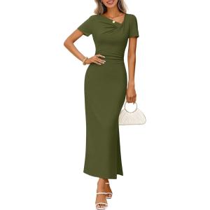 MEROKEETY Women’s Summer Ruched Bodycon Maxi Dress 2026 Short Sleeve Side Slit Formal Wedding Guest Cocktail Dresses(Armygreen)