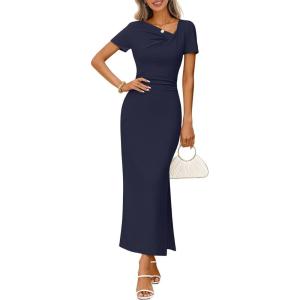 MEROKEETY Women’s Summer Ruched Bodycon Maxi Dress 2026 Short Sleeve Side Slit Formal Wedding Guest Cocktail Dresses(Navy)