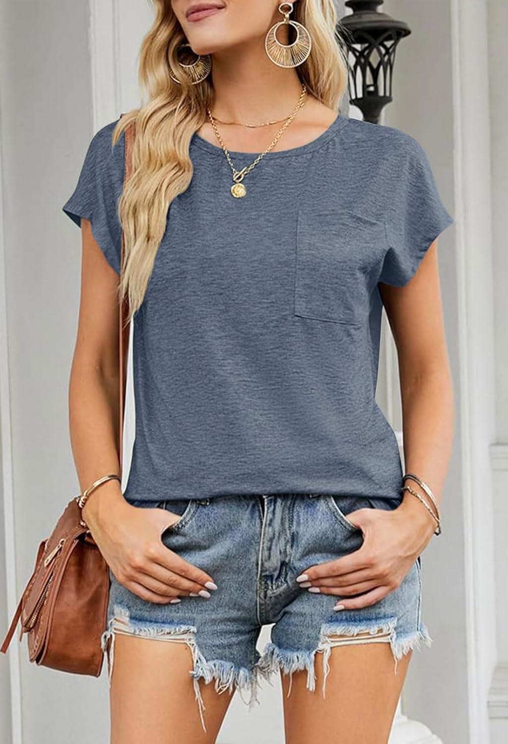 imageMEROKEETY Womens 2026 Summer Cap Sleeve Tops Business Dressy Loose Basic T Shirts Blouse Fashion Outfits Trendy ClothesBlue