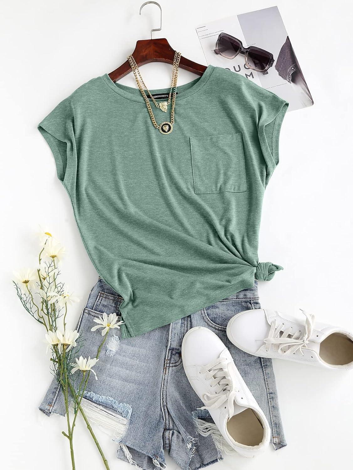 imageMEROKEETY Womens 2026 Summer Cap Sleeve Tops Business Dressy Loose Basic T Shirts Blouse Fashion Outfits Trendy ClothesGreen