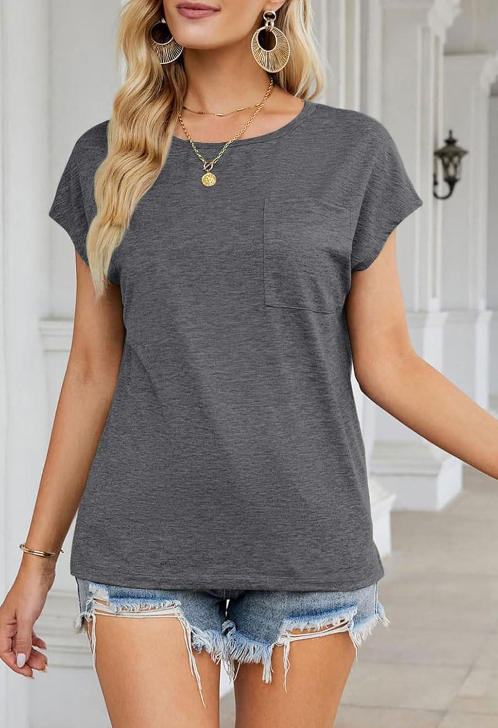 imageMEROKEETY Womens 2026 Summer Cap Sleeve Tops Business Dressy Loose Basic T Shirts Blouse Fashion Outfits Trendy ClothesGrey