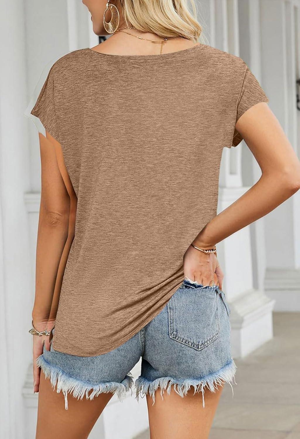 imageMEROKEETY Womens 2026 Summer Cap Sleeve Tops Business Dressy Loose Basic T Shirts Blouse Fashion Outfits Trendy ClothesKhaki