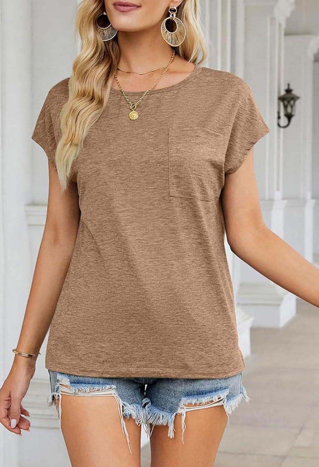 imageMEROKEETY Womens 2026 Summer Cap Sleeve Tops Business Dressy Loose Basic T Shirts Blouse Fashion Outfits Trendy ClothesKhaki