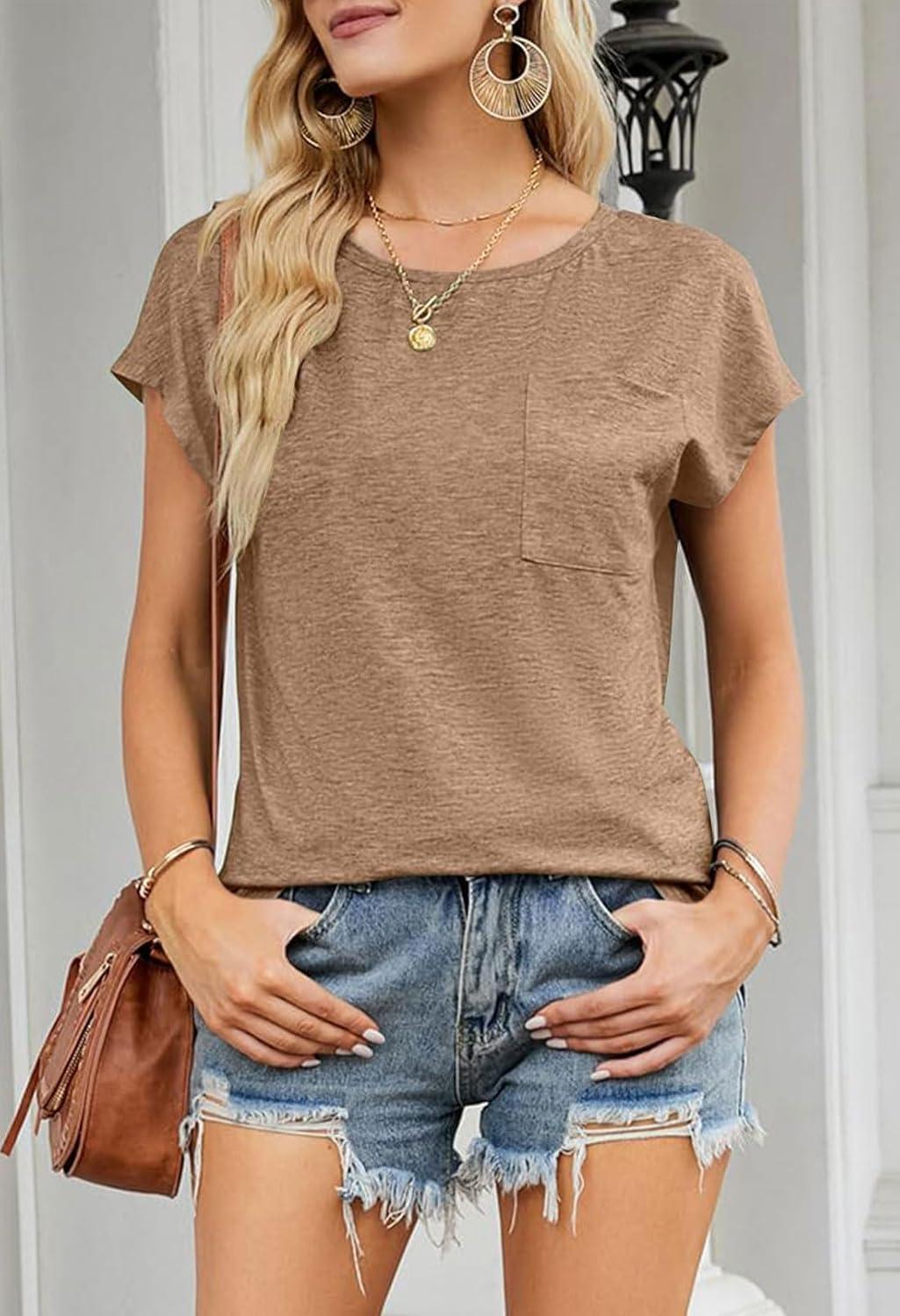 imageMEROKEETY Womens 2026 Summer Cap Sleeve Tops Business Dressy Loose Basic T Shirts Blouse Fashion Outfits Trendy ClothesKhaki
