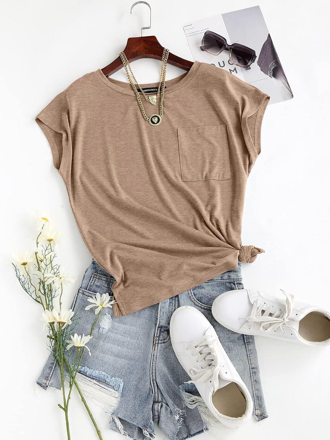 imageMEROKEETY Womens 2026 Summer Cap Sleeve Tops Business Dressy Loose Basic T Shirts Blouse Fashion Outfits Trendy ClothesKhaki