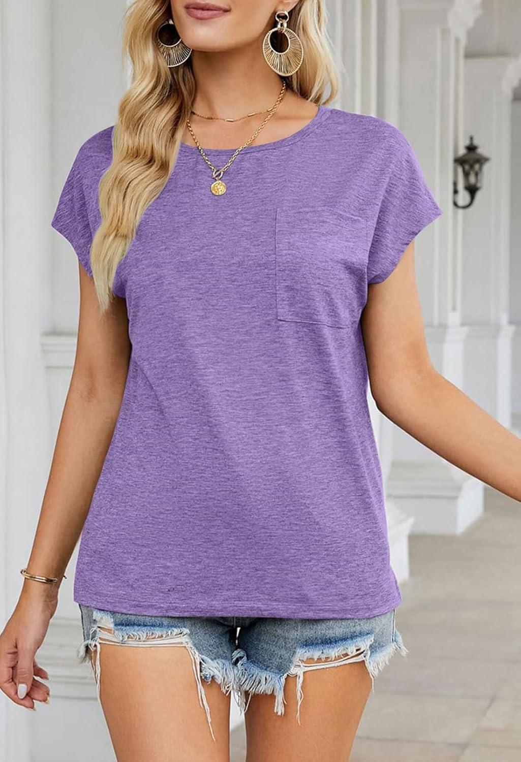 imageMEROKEETY Womens 2026 Summer Cap Sleeve Tops Business Dressy Loose Basic T Shirts Blouse Fashion Outfits Trendy ClothesLavender