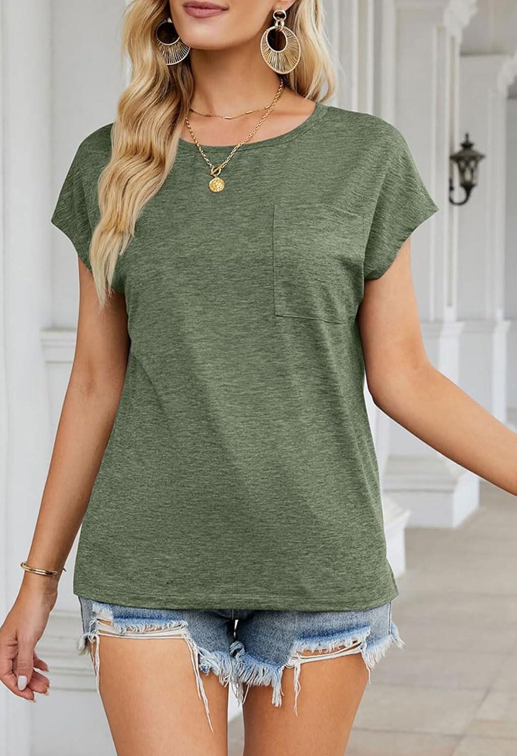 imageMEROKEETY Womens 2026 Summer Cap Sleeve Tops Business Dressy Loose Basic T Shirts Blouse Fashion Outfits Trendy ClothesLightolive