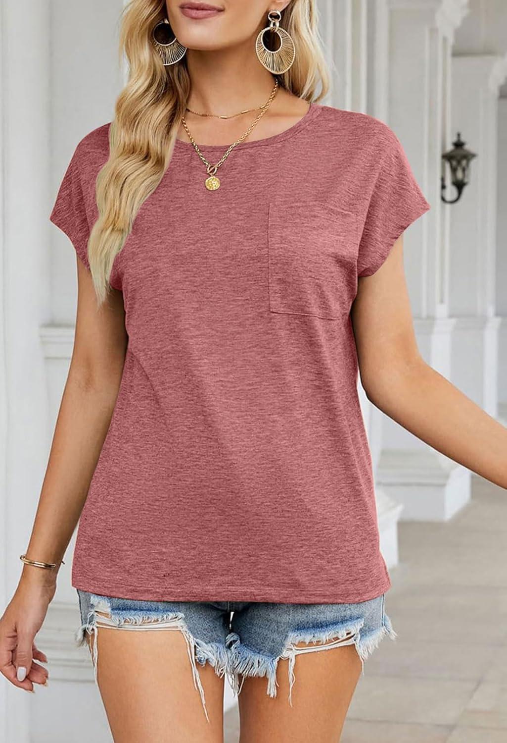 imageMEROKEETY Womens 2026 Summer Cap Sleeve Tops Business Dressy Loose Basic T Shirts Blouse Fashion Outfits Trendy ClothesPink