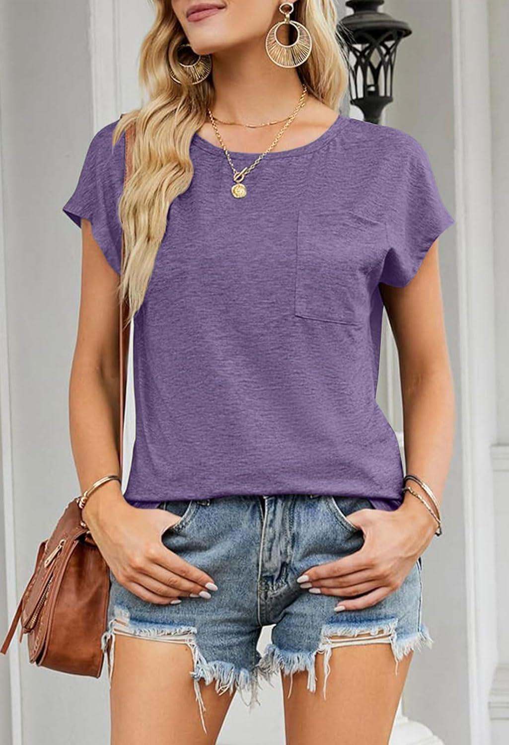 imageMEROKEETY Womens 2026 Summer Cap Sleeve Tops Business Dressy Loose Basic T Shirts Blouse Fashion Outfits Trendy ClothesPurple