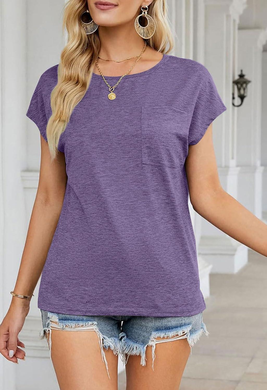 imageMEROKEETY Womens 2026 Summer Cap Sleeve Tops Business Dressy Loose Basic T Shirts Blouse Fashion Outfits Trendy ClothesPurple