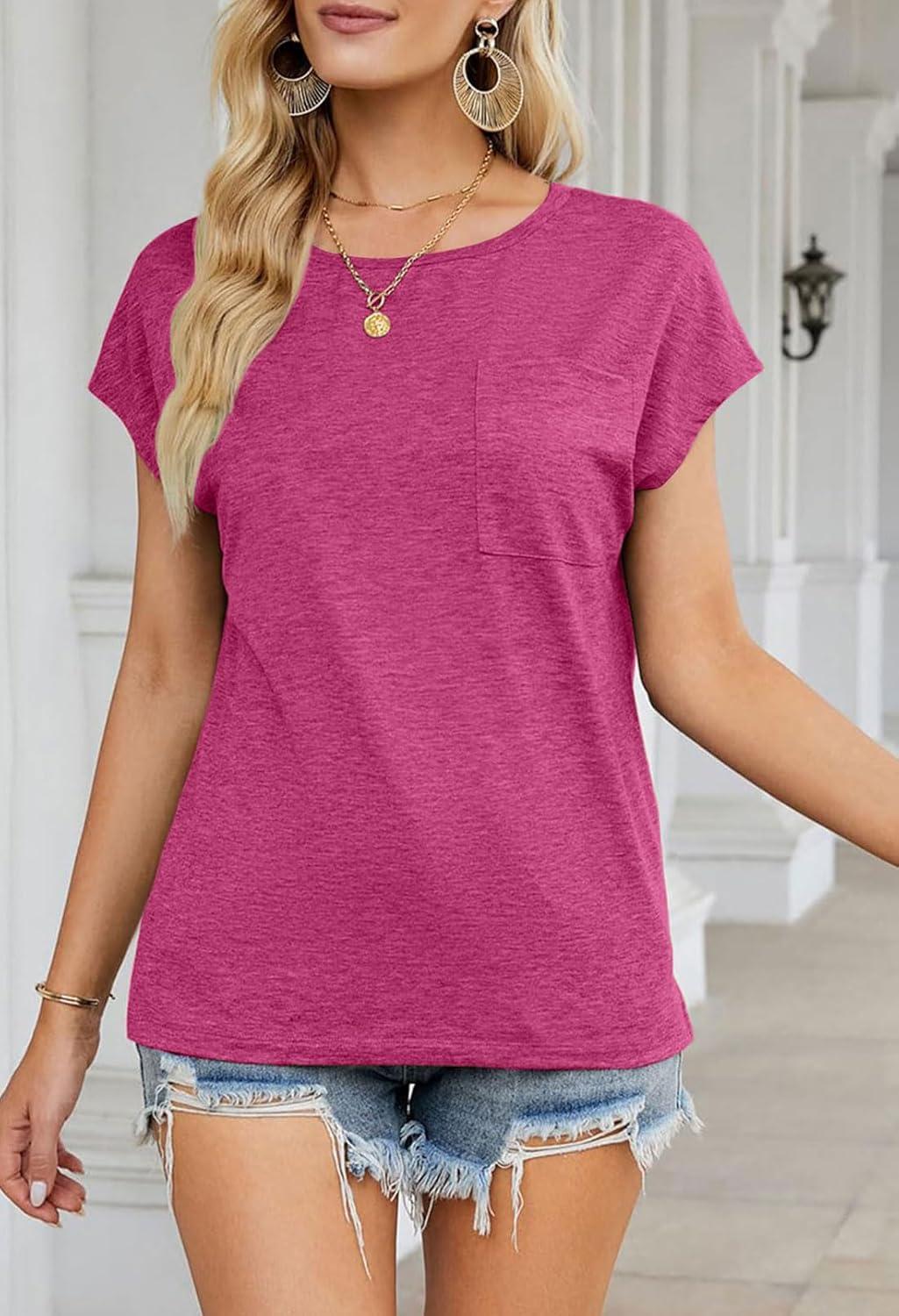 imageMEROKEETY Womens 2026 Summer Cap Sleeve Tops Business Dressy Loose Basic T Shirts Blouse Fashion Outfits Trendy ClothesRosepink