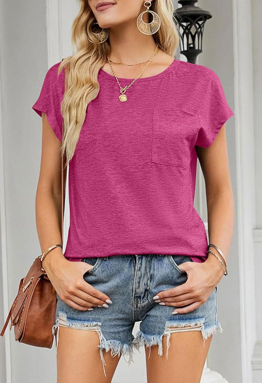 imageMEROKEETY Womens 2026 Summer Cap Sleeve Tops Business Dressy Loose Basic T Shirts Blouse Fashion Outfits Trendy ClothesRosepink