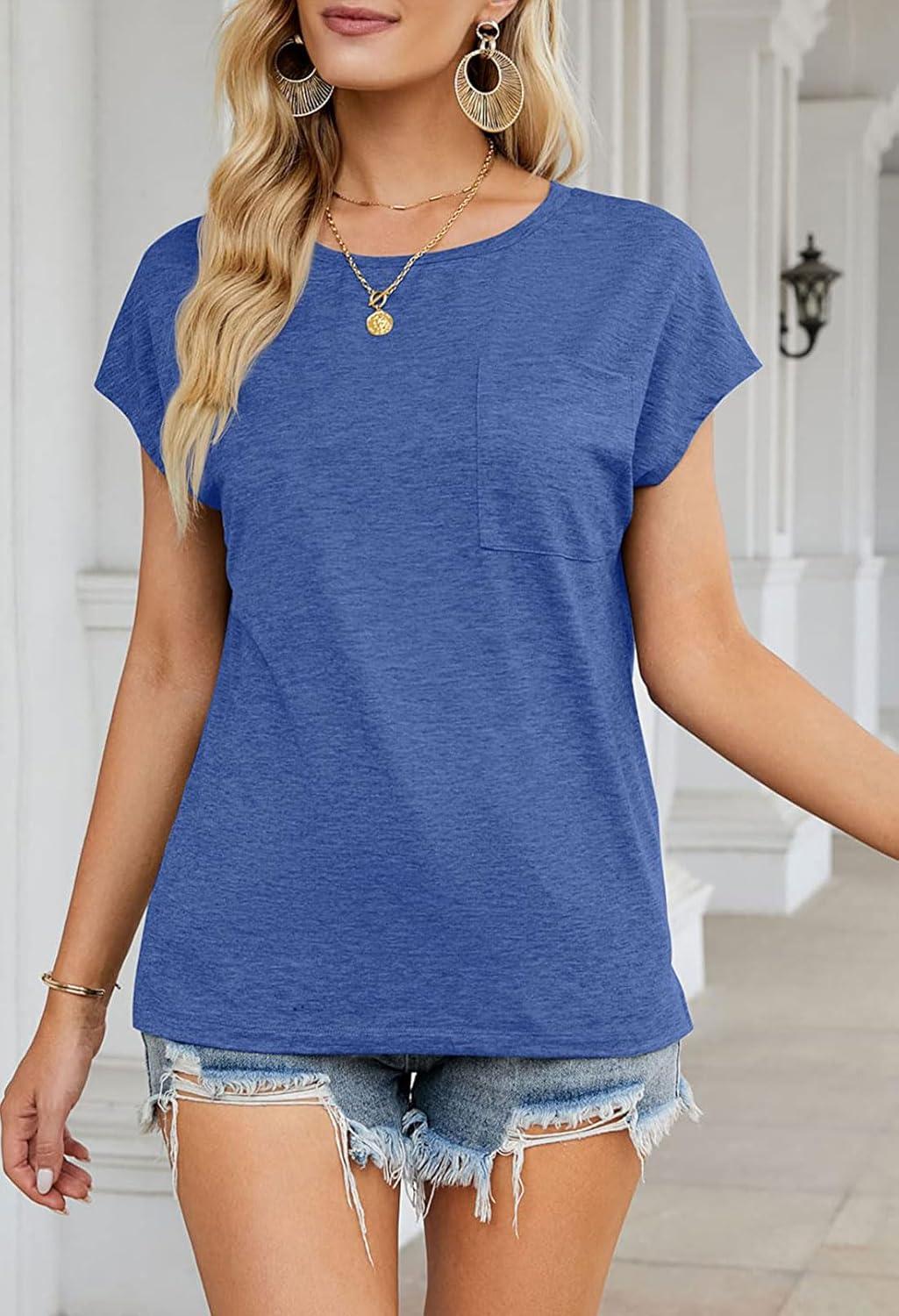 imageMEROKEETY Womens 2026 Summer Cap Sleeve Tops Business Dressy Loose Basic T Shirts Blouse Fashion Outfits Trendy ClothesRoyalblue
