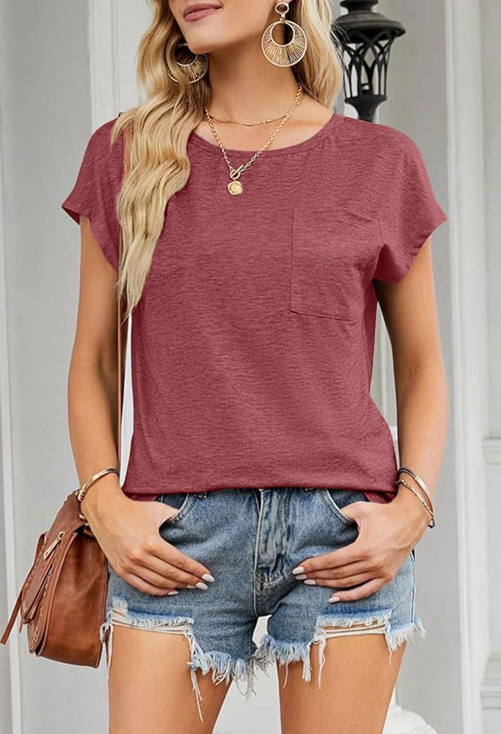 imageMEROKEETY Womens 2026 Summer Cap Sleeve Tops Business Dressy Loose Basic T Shirts Blouse Fashion Outfits Trendy ClothesWatermelon