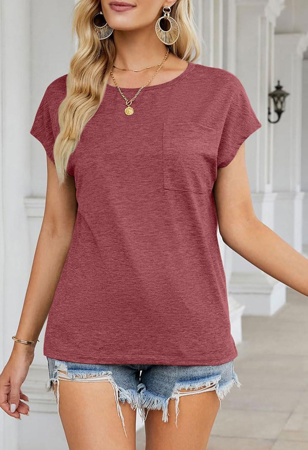 imageMEROKEETY Womens 2026 Summer Cap Sleeve Tops Business Dressy Loose Basic T Shirts Blouse Fashion Outfits Trendy ClothesWatermelon