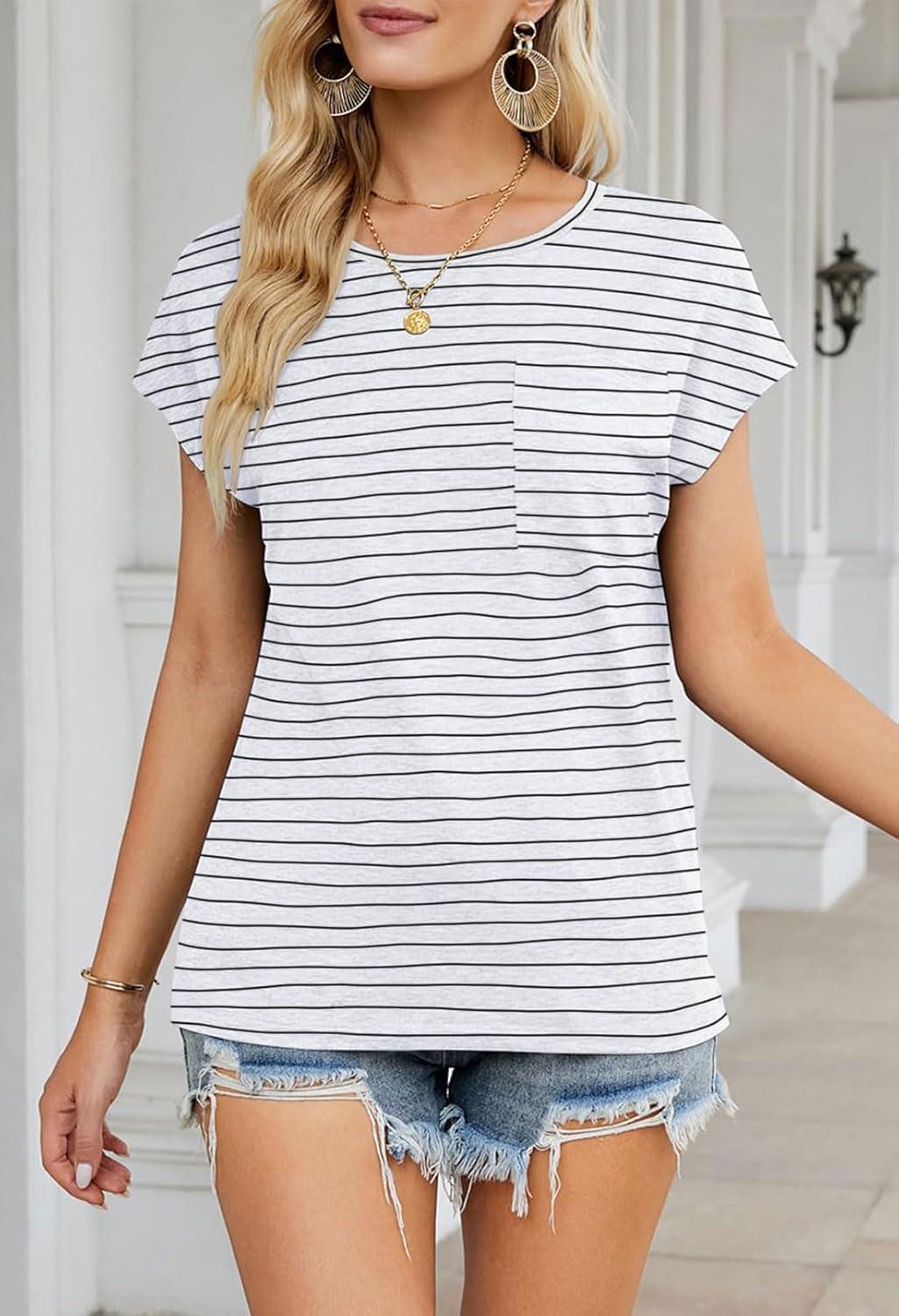 imageMEROKEETY Womens 2026 Summer Cap Sleeve Tops Business Dressy Loose Basic T Shirts Blouse Fashion Outfits Trendy ClothesWhiteBlack